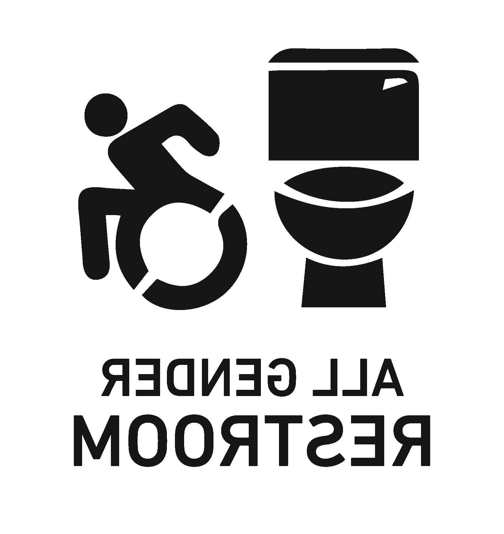 toilet and person in wheelchair, all gender restroom
