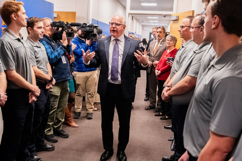 Minnesota Governor Tim Walz speaks to Peace Officer students at Hennepin Technical College